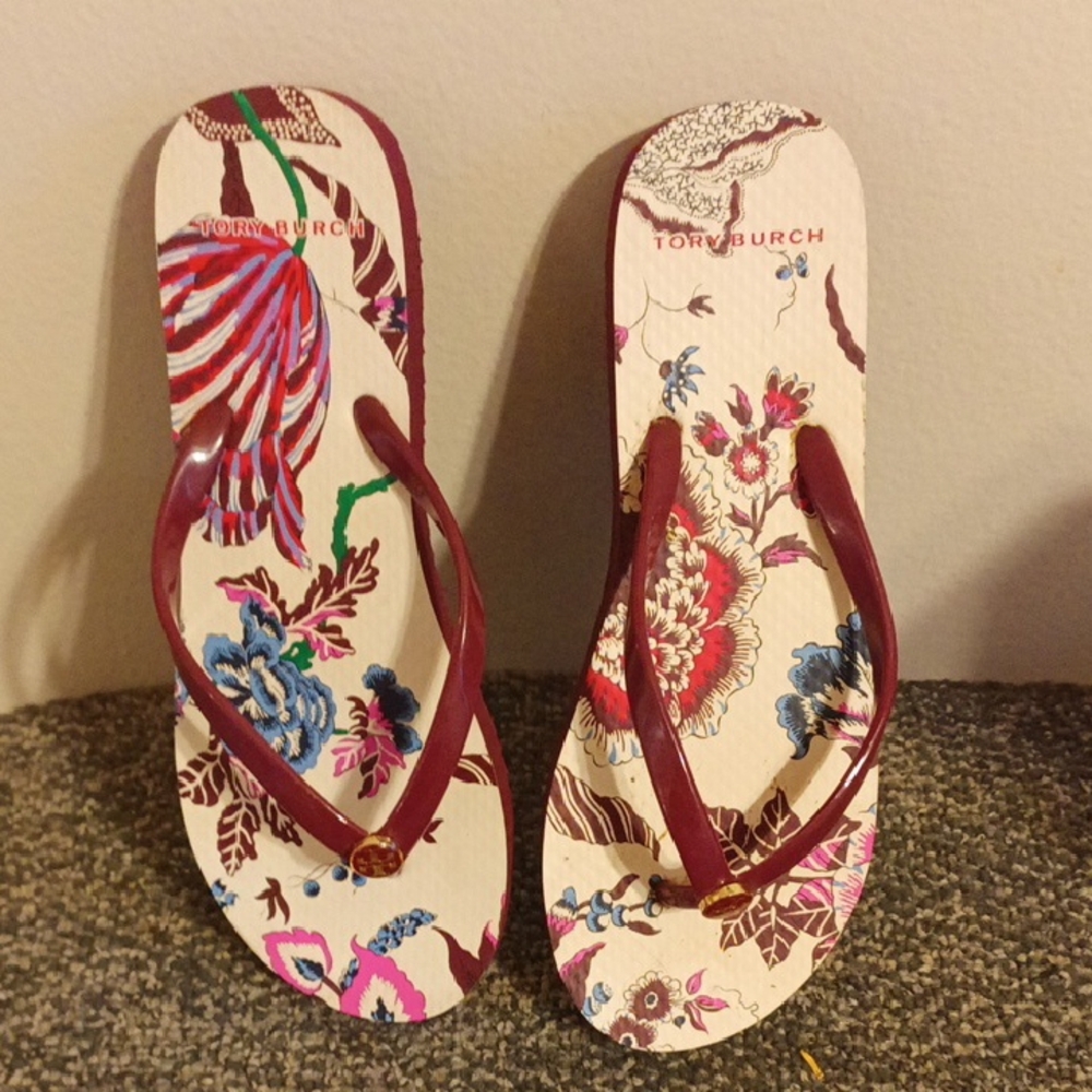 Tory Burch Women's Floral Flip Flops -magenta Red Purple Size L